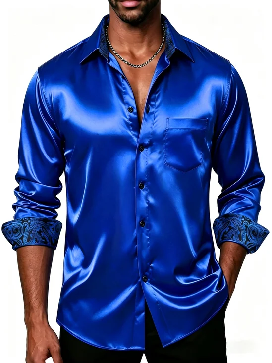 Silk Satin Breathable Plain Floral Print On The Cuffs Chest Pocket Business Shirt