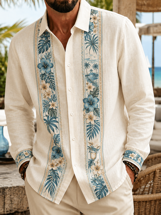 Linen-Texture Striped Tropical Leaf & Floral Print Long-Sleeve Guayabera Shirt