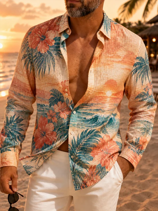 Linen-Texture Tropical Leaf Print Casual Long-Sleeve Shirt