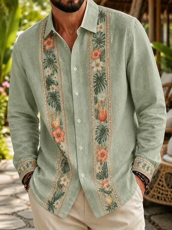 Linen-Texture Striped Tropical Leaf & Floral Print Casual Long-Sleeve Guayabera Shirt