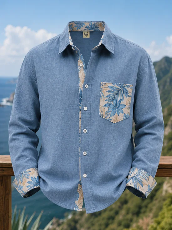 Linen-Texture Solid-Color Paneling and Tropical Leaf Print Chest Pocket  Casual Long-Sleeve Shirt
