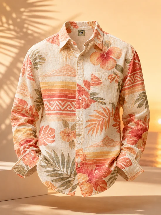 Linen-Texture  Tropical Stripe  Leaf Print and Chest Pocket Casual Long-Sleeve Shirt