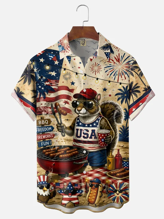 Moisture-Wicking Gradient-Color Hot Dog Day Squirrel American Flag Beach Chest Pocket Hawaiian Shirt