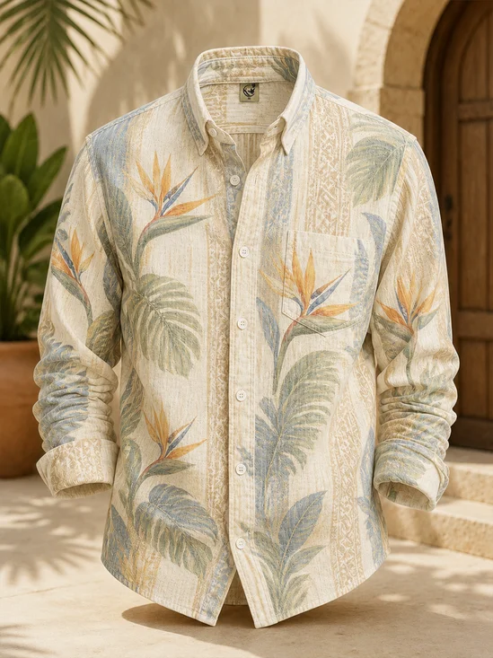 Linen-Texture Tropical Stripe & Leaf Print  Chest Pocket Casual Long-Sleeve Shirt
