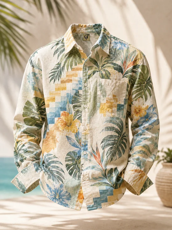 Linen-Texture  Tropical Stripe & Leaf Print and Chest Pocket Casual Long-Sleeve Shirt
