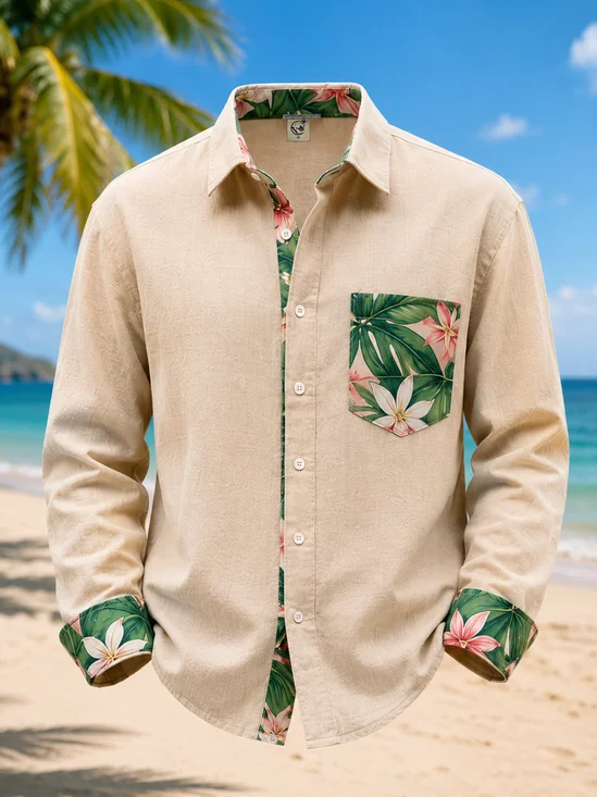 Linen-Texture  Solid-Color Paneling and Tropical Leaf Print Chest Pocket Casual Long-Sleeve Shirt