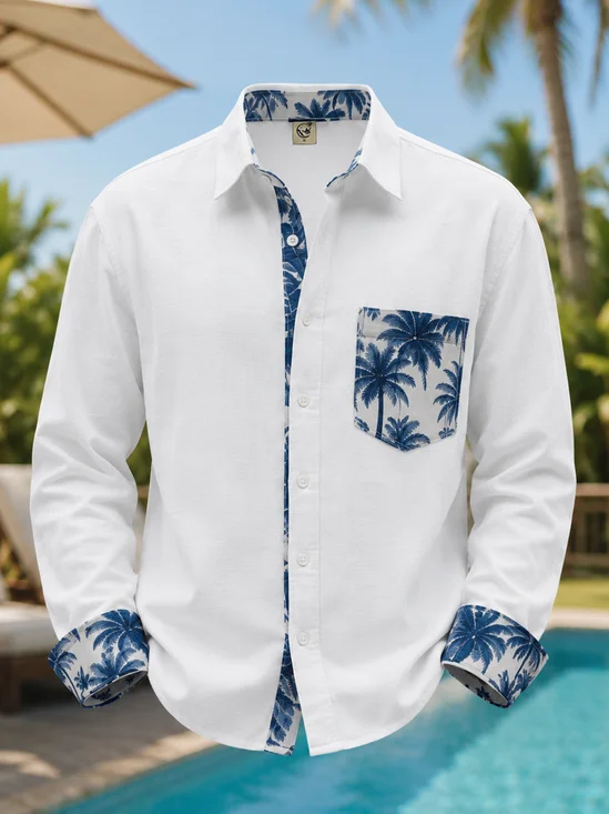 Linen-Texture Casual Solid-Color Paneling Tropical Leaf Print Chest Pocket Long-Sleeve Shirt