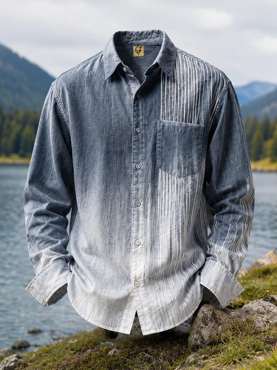 Linen-Texture Gradient Stripe Chest Pocket  Long-Sleeve Casual Shirt