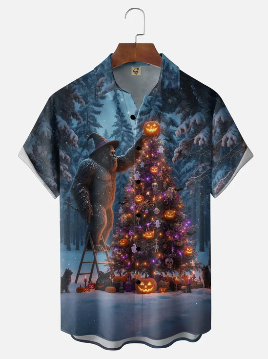 Moisture-Wicking Halloween Pumpkin Bigfoot Chest-Pocket Hawaiian Shirt