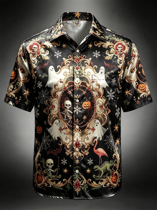 Silk Satin Breathable  Gradient Designs Halloween Ghosts Pumpkins Skeletons Flamingos Spiderwebs  Chest Pocket Hawaiian Shirt