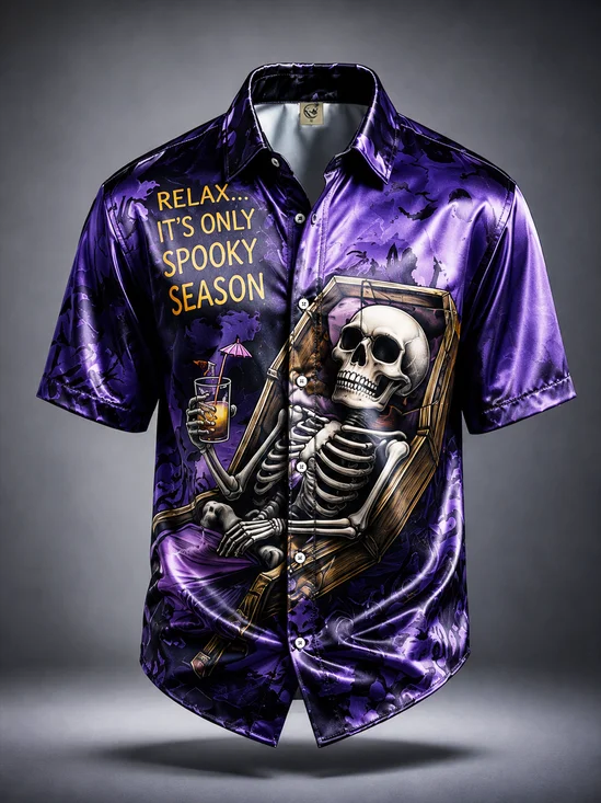 Breathable Silk Satin Halloween Skull "Relax It's Only Spooky Season" Chest Pocket Hawaiian Shirt