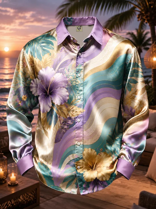 Breathable Silk Satin Tropical Botanical Stripe Print Long-Sleeve Casual Shirt