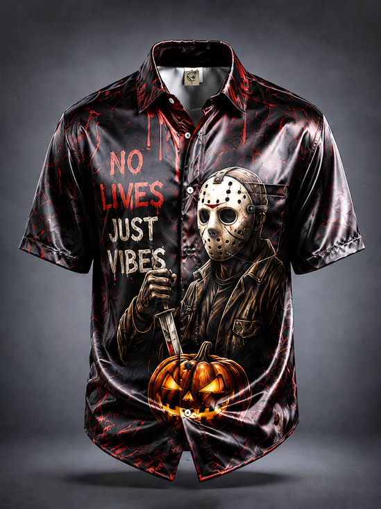 Breathable Silk Satin Halloween "No Lives, Just Vibes" Pumpkin  Chest Pocket Hawaiian Shirt