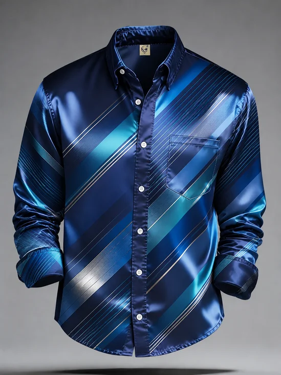 Breathable Silk Satin  Geometric Stripes Chest Pocket Casual Long-Sleeve  Shirt