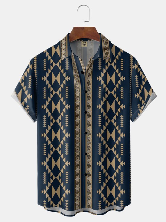 Moisture-Wicking Abstract Geometry Ethnic-Style Print Chest Pocket Hawaiian Shirt