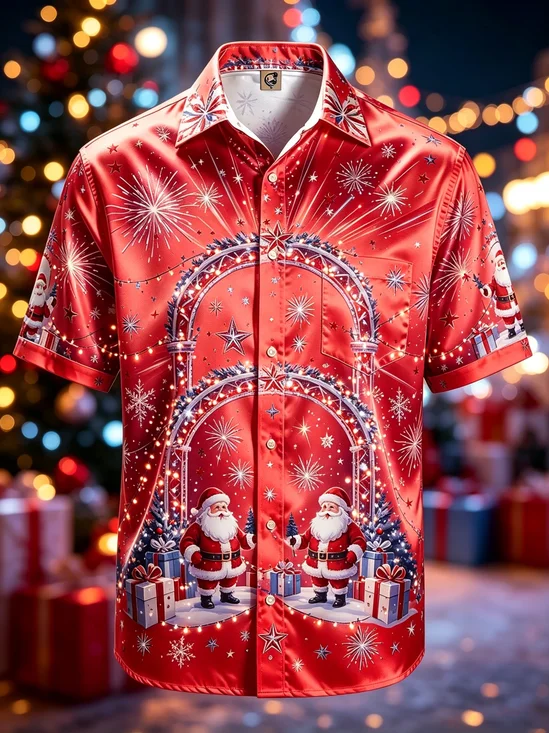 Silk Satin Breathable Gradient Design featuring Santa Claus Snowflakes And Gift Boxes  Chest Pocket  Hawaiian Shirt