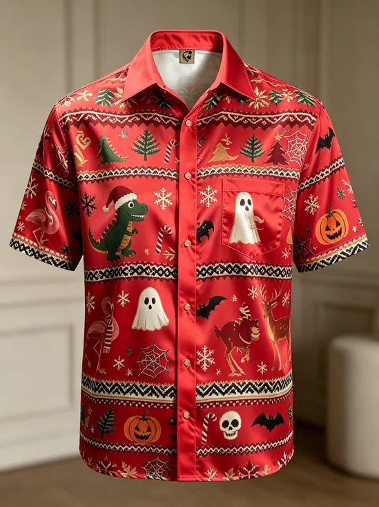 Silk Satin Breathable  Gradient Designs Halloween Ghosts Pumpkins Skeletons Flamingos Spiderwebs  Chest Pocket Hawaiian Shirt