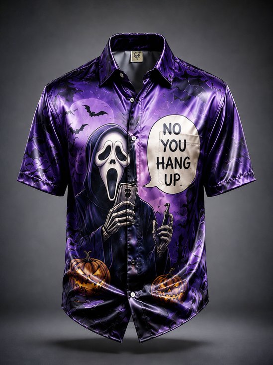 Breathable Silk Satin Humorous Halloween Ghost & Ghoul Chest-Pocket Hawaiian Shirt