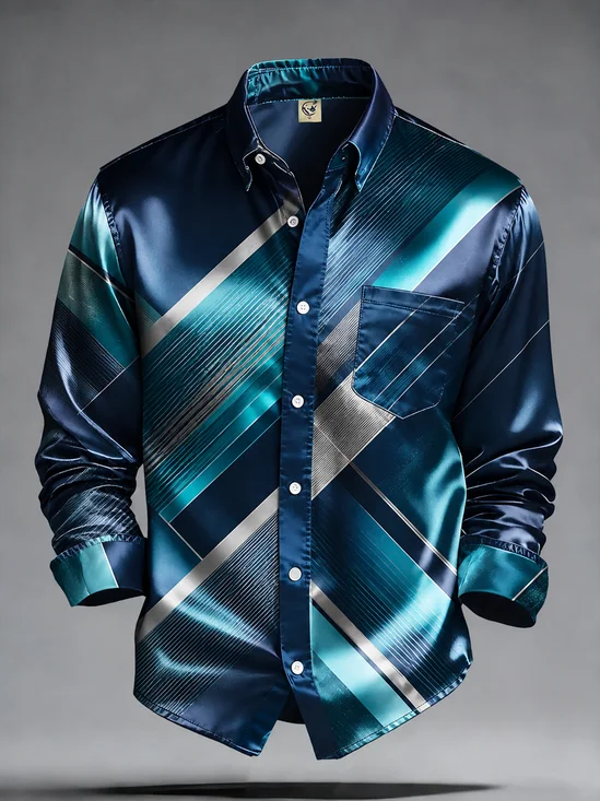 Breathable Silk Satin Geometric Stripes Chest Pocket Casual Long-Sleeve Style Shirt