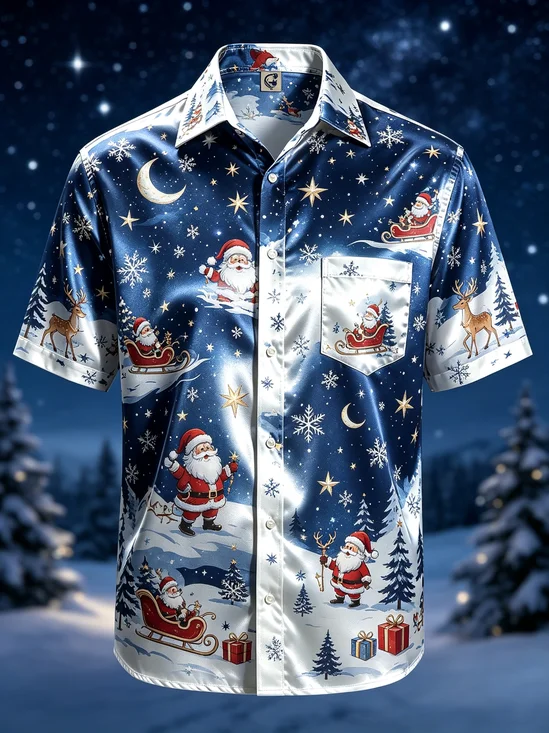 Silk Satin Breathable  Gradient Design Santa Claus Christmas Tree Reindeer Snowflake Chest Pocket Hawaiian Shirt