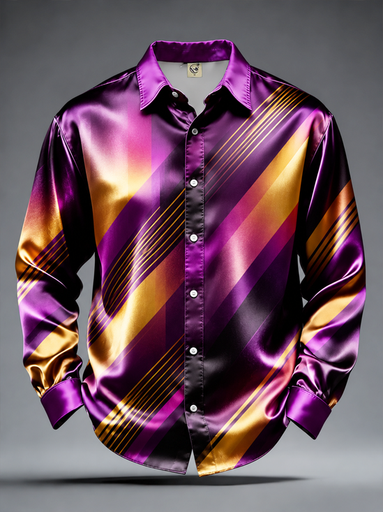 Breathable Silk Satin Geometric Stripe Casual Long-Sleeve Shirt