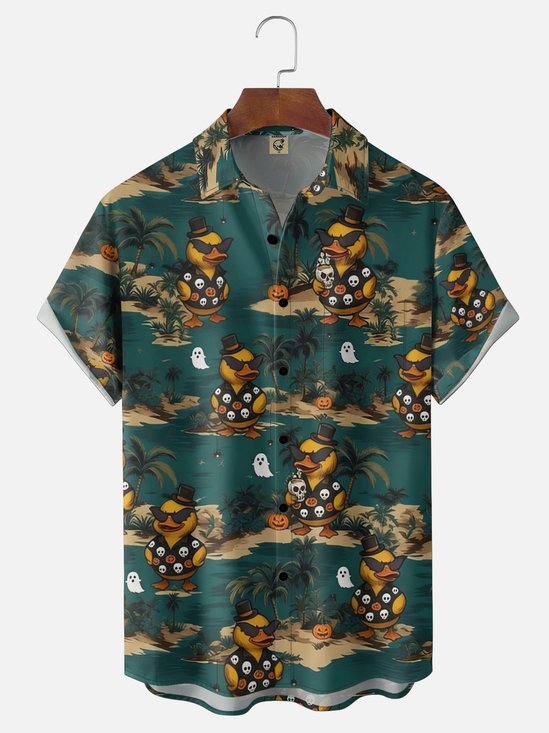 Moisture-Wicking Gradient Halloween Rubber Duck Pumpkin And Coconut Tree Print Chest Pocket Hawaiian Shirt