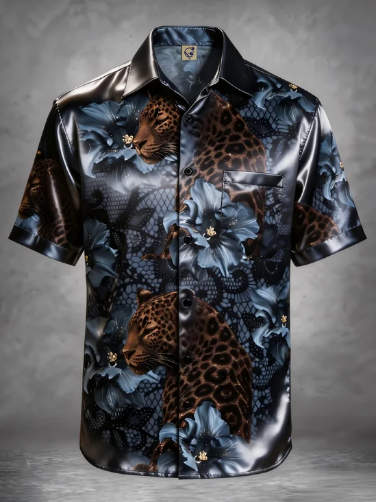 Breathable Silk Satin Leopard Short-Sleeved Shirt