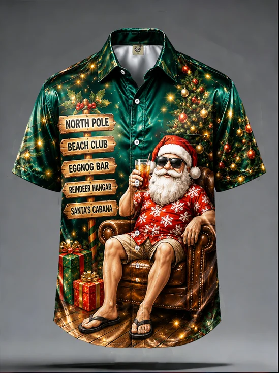 Breathable Silk Satin  Santa Claus Christmas Print Chest Pocket Hawaiian Shirt