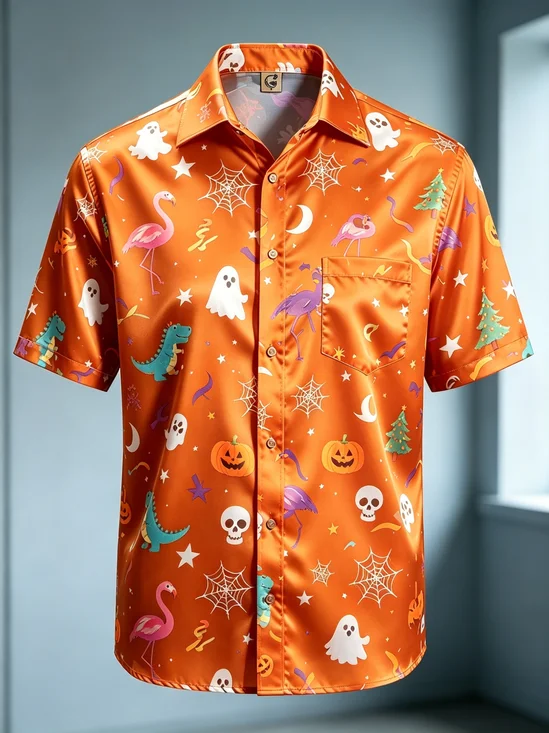 Silk Satin Breathable Gradient Designs Halloween Ghosts Pumpkins Skeletons Flamingos Spiderwebs Chest Pocket Hawaiian Shirt