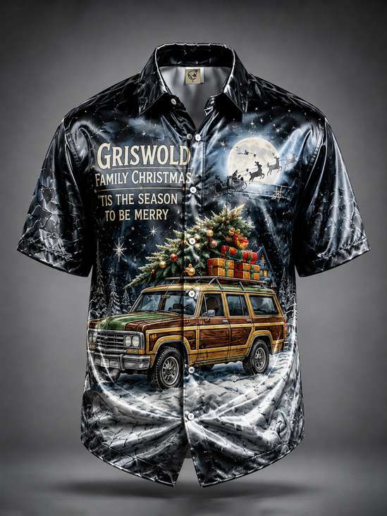 Breathable Silk Satin "Griswold Family Christmas Vacation" Chest Pocket Hawaiian Shirt