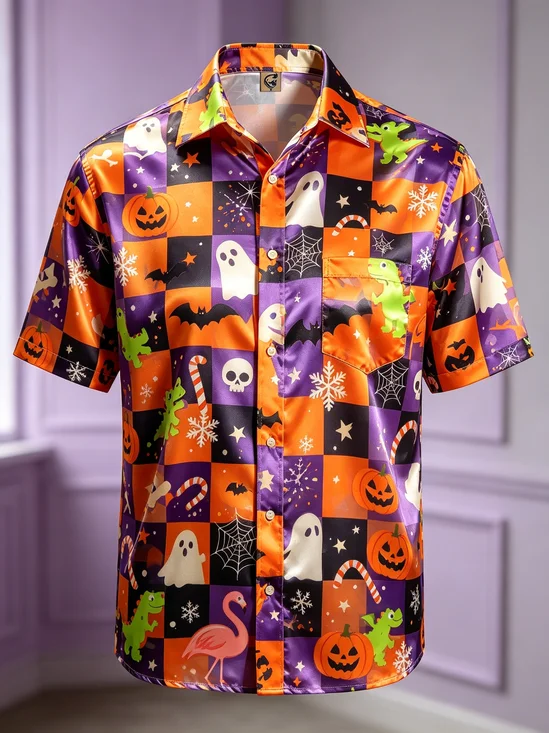 Silk Satin Breathable   Gradient Designs Halloween Ghosts Pumpkins Skeletons Flamingos Spiderwebs Chest Pocket Hawaiian Shirt