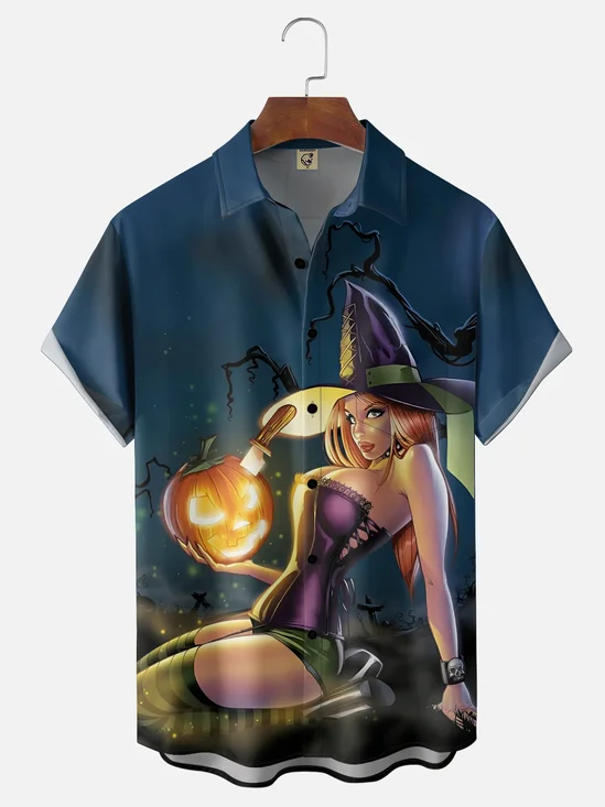 Moisture-Wicking Gradient Halloween Witch & Pumpkin Print Chest Pocket  Hawaiian Shirt