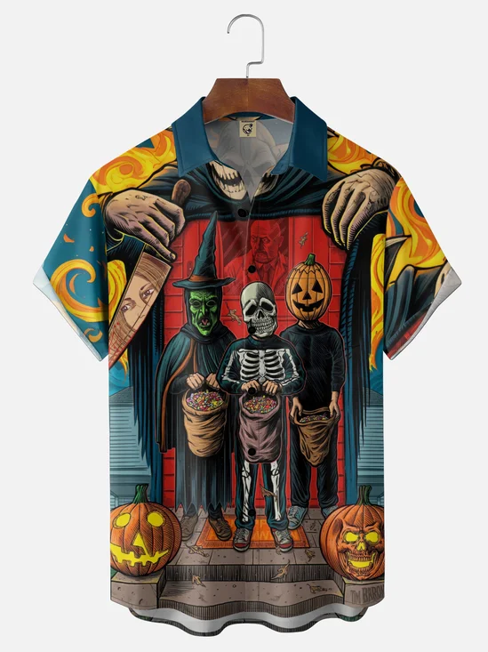 Moisture-Wicking Gradient Halloween Skull Pumpkin & Candy Print  Chest Pocket  Hawaiian Shirt