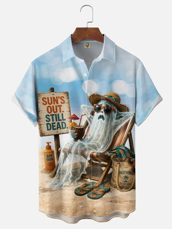 Moisture-Wicking Gradient Halloween Ghost Beach Print Chest Pocket Hawaiian Shirt
