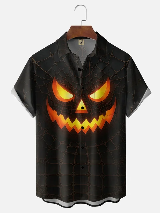 Moisture-Wicking Gradient Halloween  Pumpkin & Spiderweb Print  Chest Pocket Hawaiian Shirt