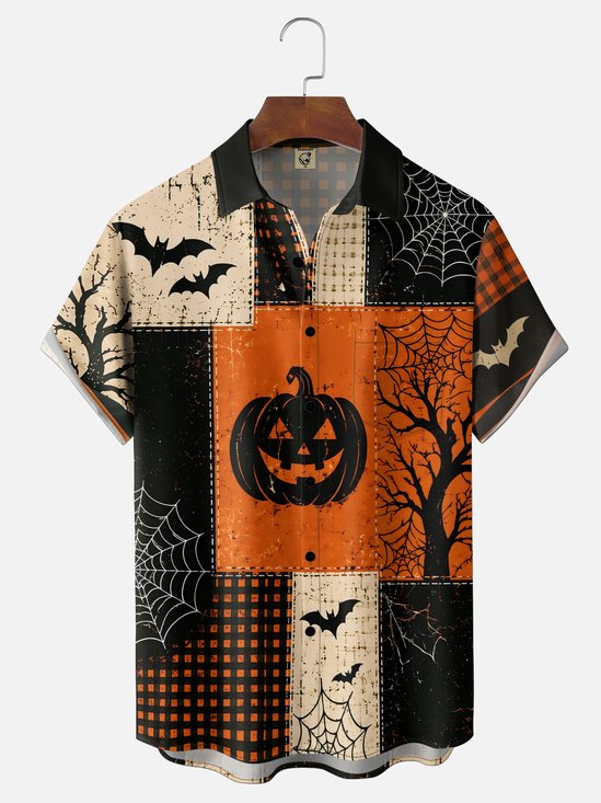 Moisture-Wicking Gradient Halloween Print Pumpkin Plaid Spiderweb Bat  Chest Pocket Hawaiian Shirt