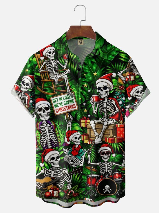 Moisture-Wicking Gradient Christmas-Hat Skull & Leaf Guitar Print Chest Pocket Hawaiian Shirt