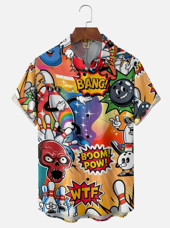 Moisture-Wicking  Gradient Color Fun Bowling & Geometric Prints Chest Pocket Hawaiian Shirt
