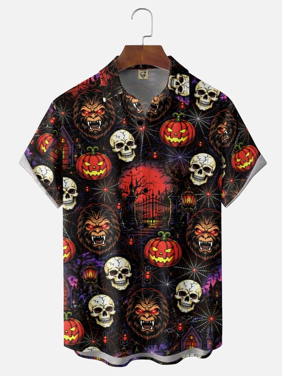 Moisture-Wicking Gradient Halloween Themes Bigfoot Skull Pumpkin Spiderweb  Chest Pocket  Hawaiian Shirt