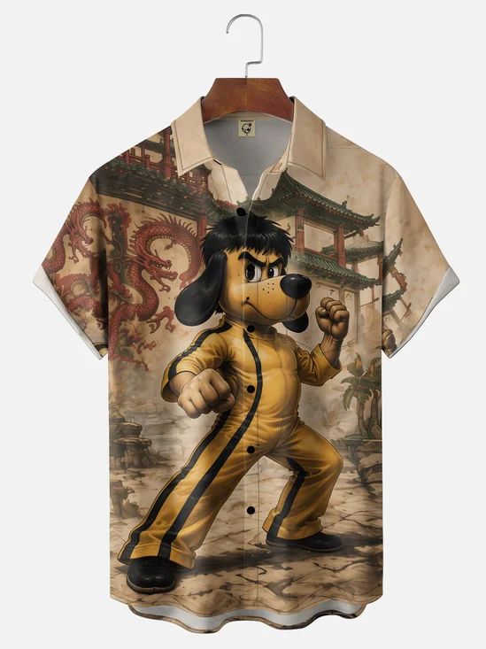 Moisture-Wicking Kung Fu Superhero Dog Chest-Pocket Hawaiian Shirt