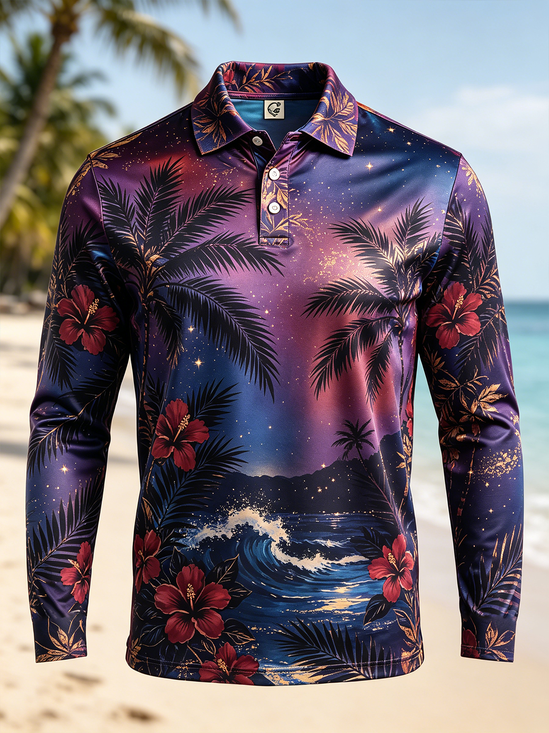 Moisture-Wicking Gradient Seascape Coconut Palms And Hibiscus Flowers Long-Sleeve Hawaiian Golf Polo