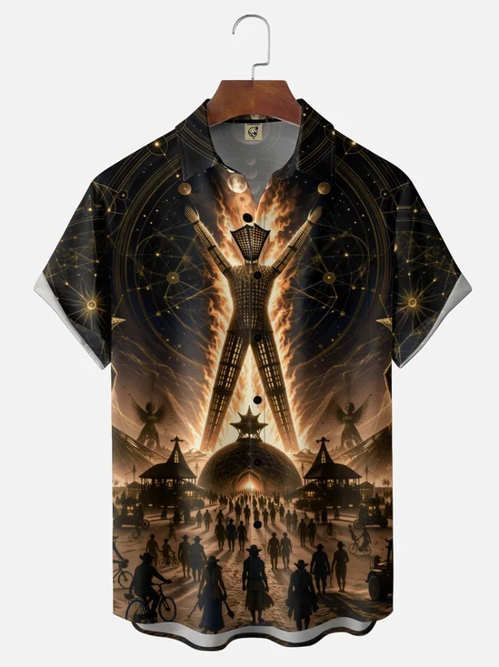 Moisture-Wicking Burning Man Architecture Flame Chest Pocket Hawaiian Shirt