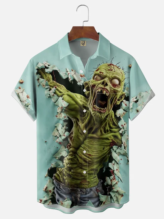 Moisture-Wicking Gradient Halloween 3D Horror Zombie Chest Pocket  Hawaiian Shirt