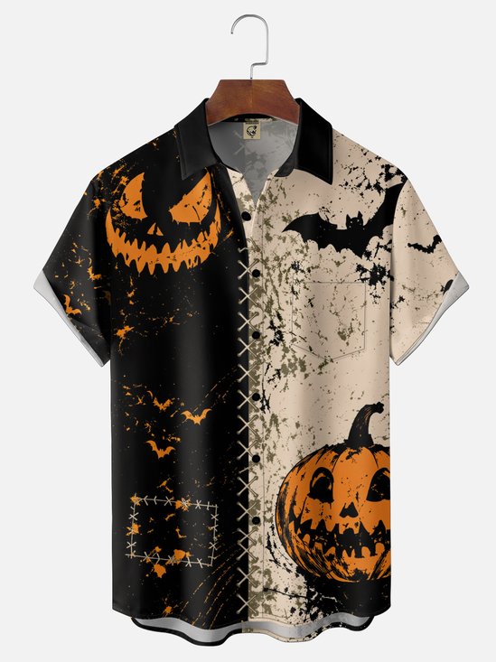 Moisture-Wicking Ombré Halloween Pumpkin & Bat  Chest Pocket Hawaiian Shirt