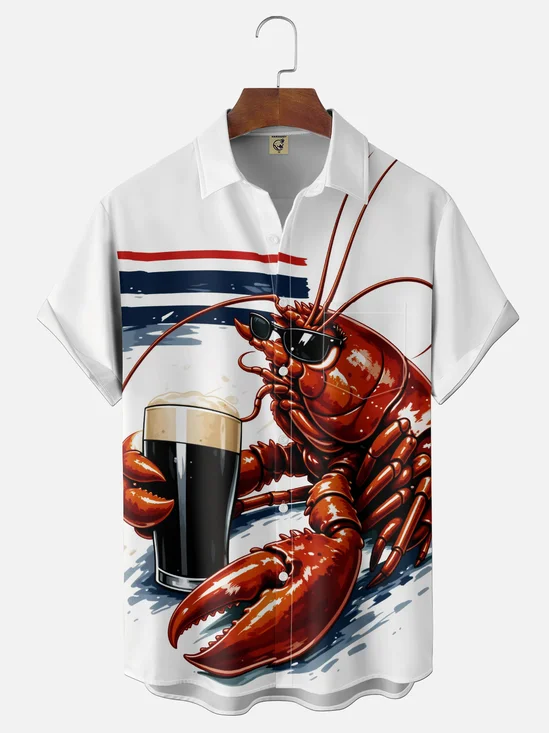 Moisture-Wicking Beer & Lobster Chest Pocket Hawaiian Shirt
