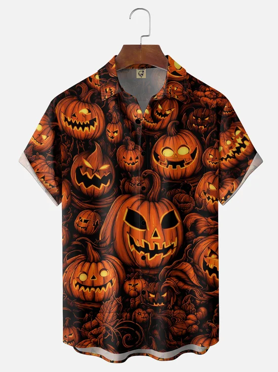 Moisture-Wicking Gradient Halloween Pumpkin Print Chest Pocket Hawaiian Shirt