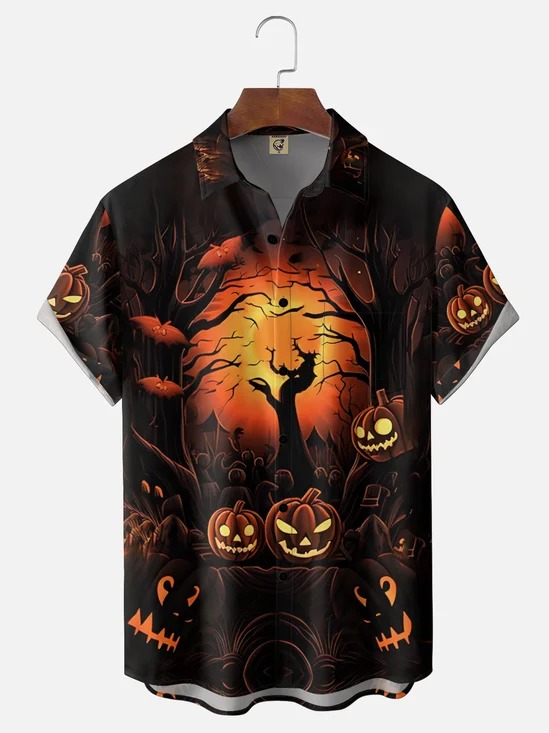 Moisture-Wicking Gradient Halloween Pumpkin & Bat Chest Pocket Hawaiian Shirt