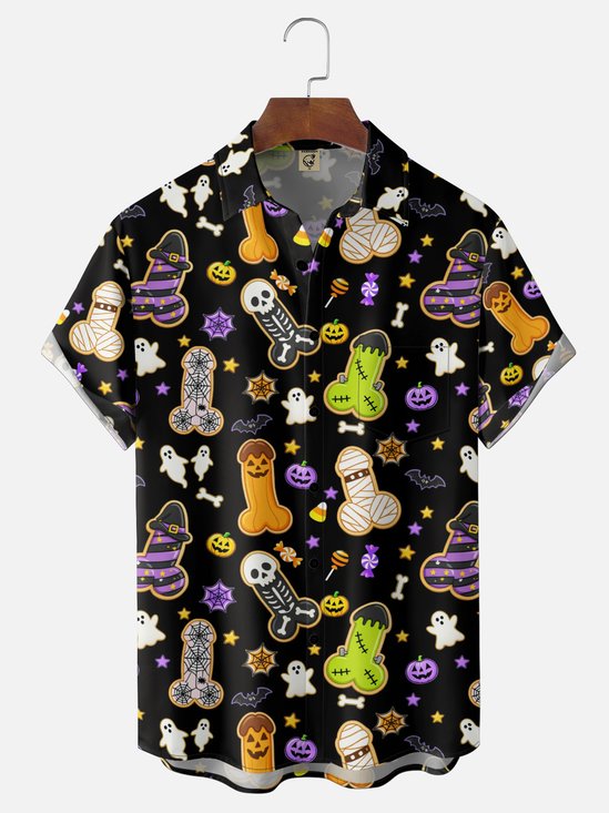 Moisture-Wicking Gradient Halloween Featuring Genitals Halloween Hats Ghosts Pumpkins And Spiderwebs Chest Pocket Hawaiian Shirt