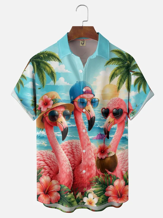 Moisture-Wicking Gradient  Beach Flamingo Hibiscus Coconut Tree Print  Chest Pocket Hawaiian Shirt