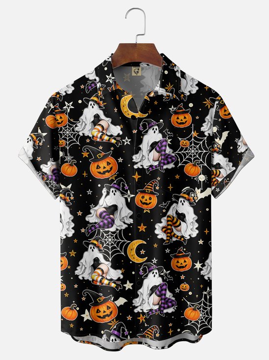 Moisture-Wicking Gradient  Halloween Theme Ghost Witch Pumpkin Spiderweb Bat   Chest Pocket Hawaiian Shirt